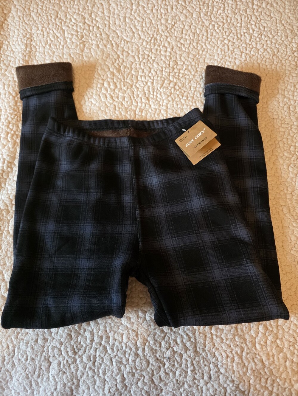 Just Cozy Faux Fur Lined Plaid Leggings Blue Black M/L NWT